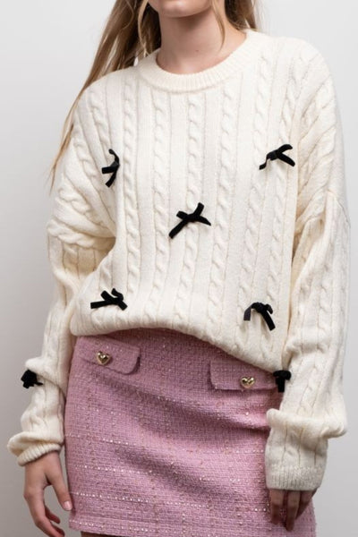 BOW DETAIL CABLE KNIT PULLOVER SWEATER - J. Cole ShoesmineBOW DETAIL CABLE KNIT PULLOVER SWEATER