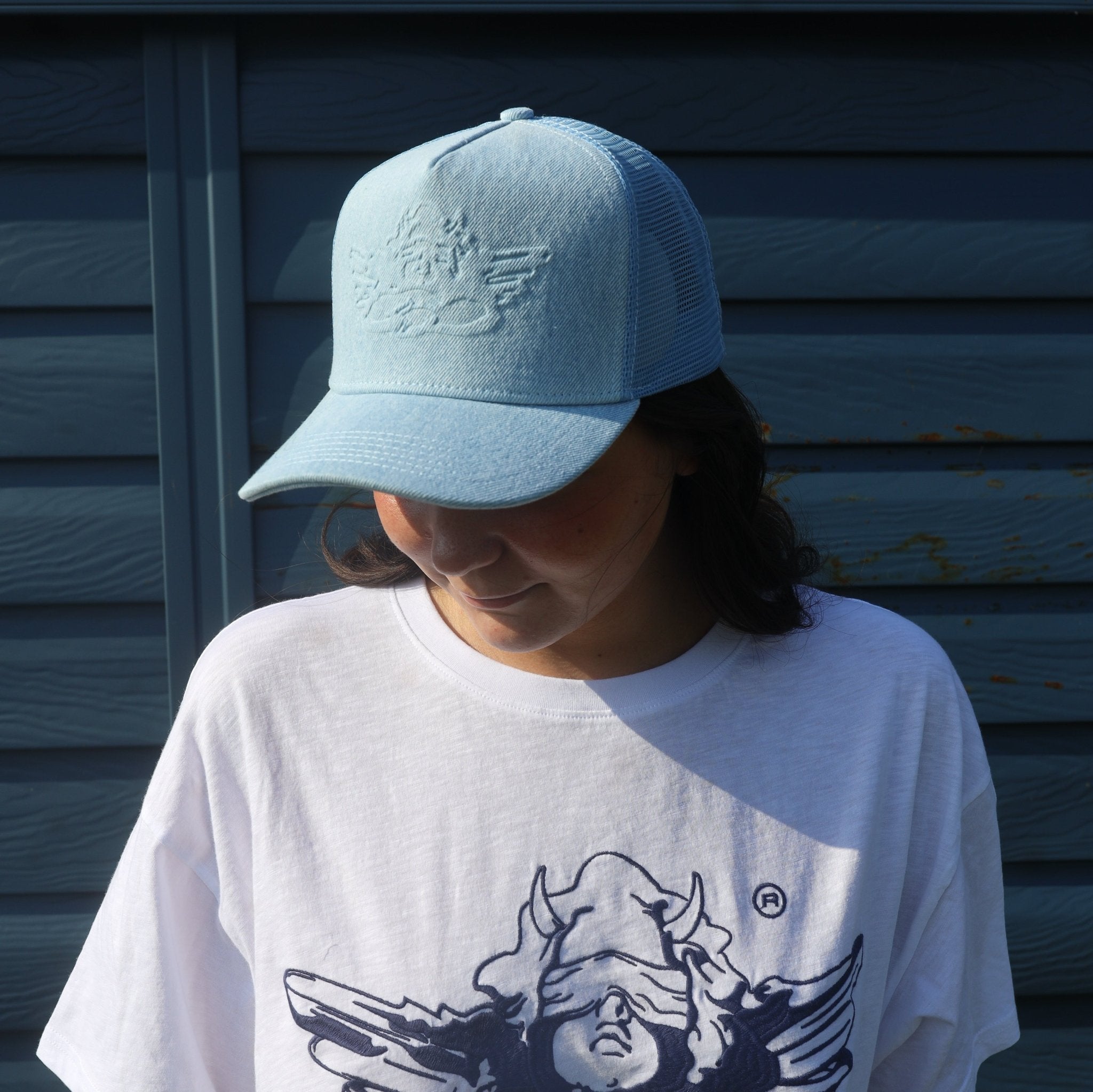 Boys Lie: Blue Frost Denim Trucker Hat - J. Cole ShoesBOYS LIEBoys Lie: Blue Frost Denim Trucker Hat