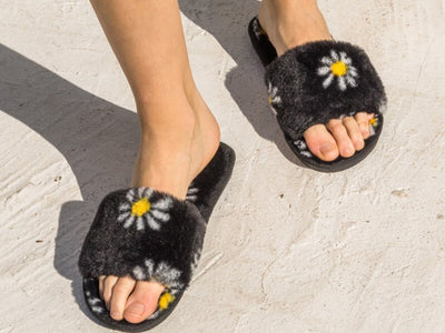 Flower Print Faux Fur Slippers in Black - J. Cole ShoesEN CREMEFlower Print Faux Fur Slippers in Black