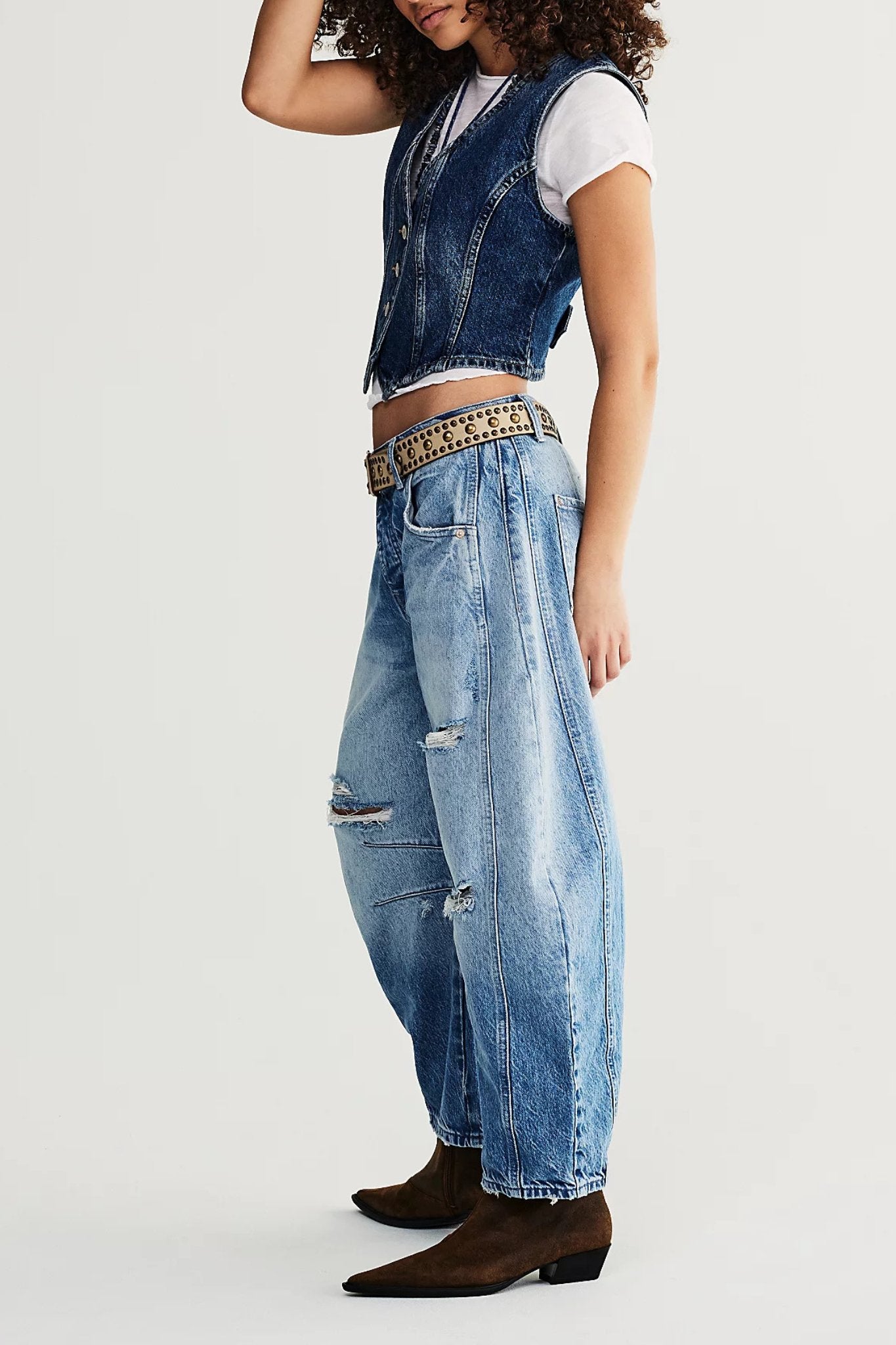 Free People: Good Luck Mid Rise Barrel Jean in Barnyard Blue - J. Cole ShoesFREE PEOPLEFree People: Good Luck Mid Rise Barrel Jean in Barnyard Blue