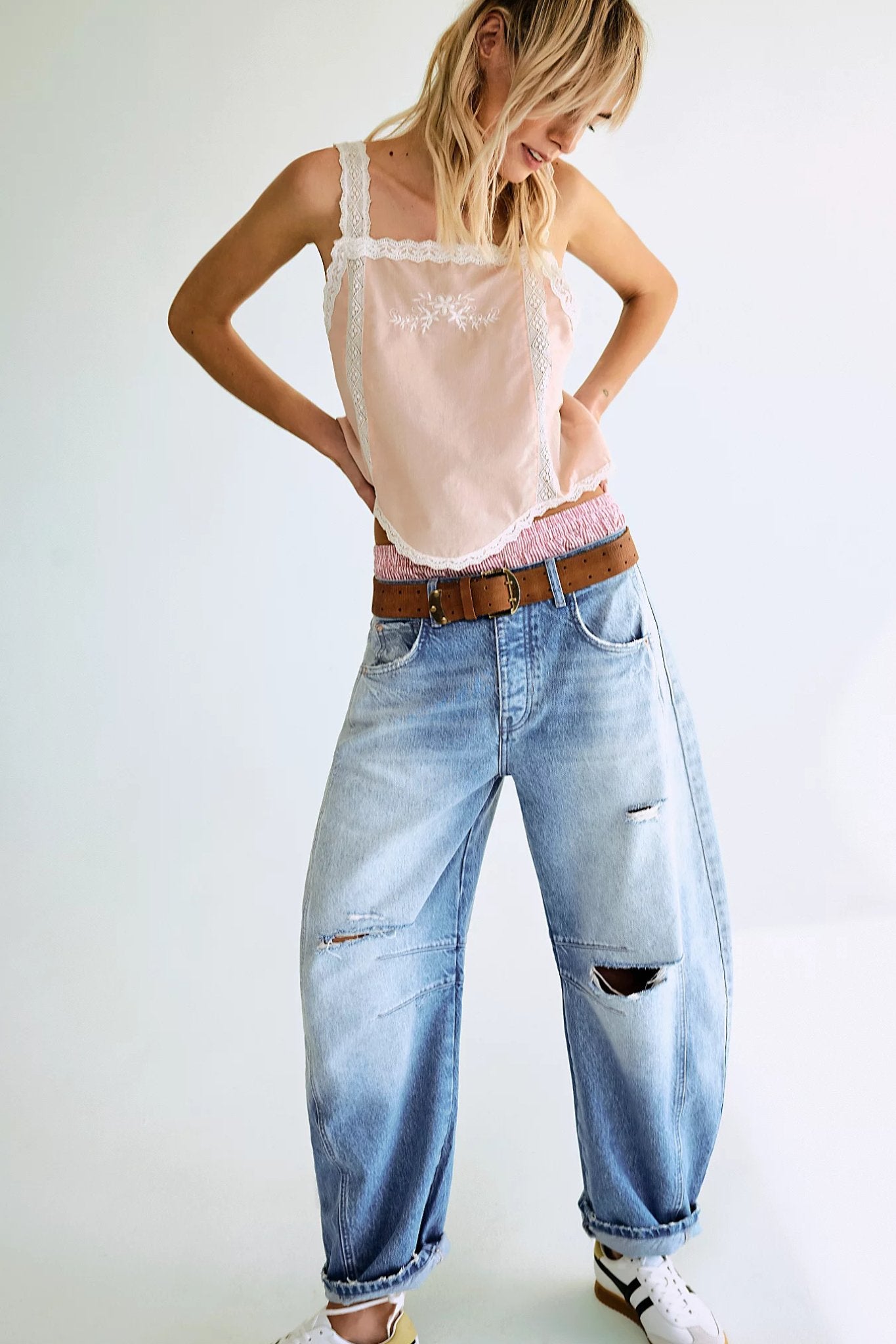 Free People: Good Luck Mid Rise Barrel Jean in Barnyard Blue - J. Cole ShoesFREE PEOPLEFree People: Good Luck Mid Rise Barrel Jean in Barnyard Blue