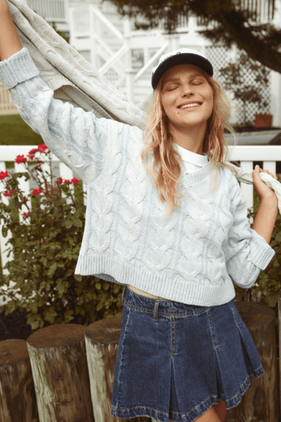 Free People: Washed Cable V Neck Sweater in Pale Blue - J. Cole ShoesFREE PEOPLEFree People: Washed Cable V Neck Sweater in Pale Blue