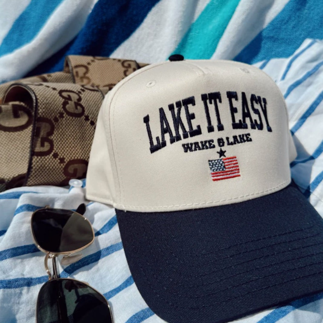 "Lake It Easy" Trucker Hat in Navy & Tan - J. Cole Shoeskenz kustomz"Lake It Easy" Trucker Hat in Navy & Tan