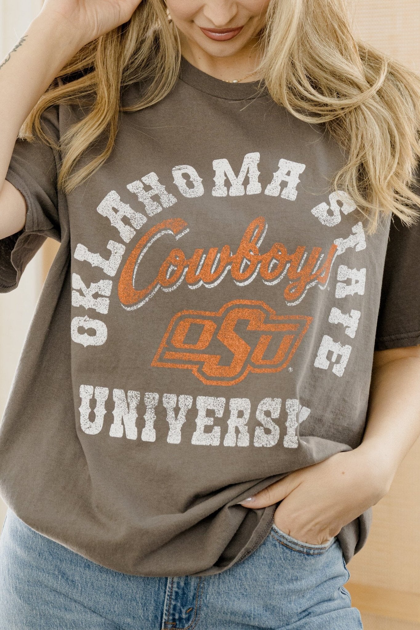 Livy Lu: Oklahoma State Cowboys Draft Thrifted Tee - J. Cole ShoesLIVY LULivy Lu: Oklahoma State Cowboys Draft Thrifted Tee