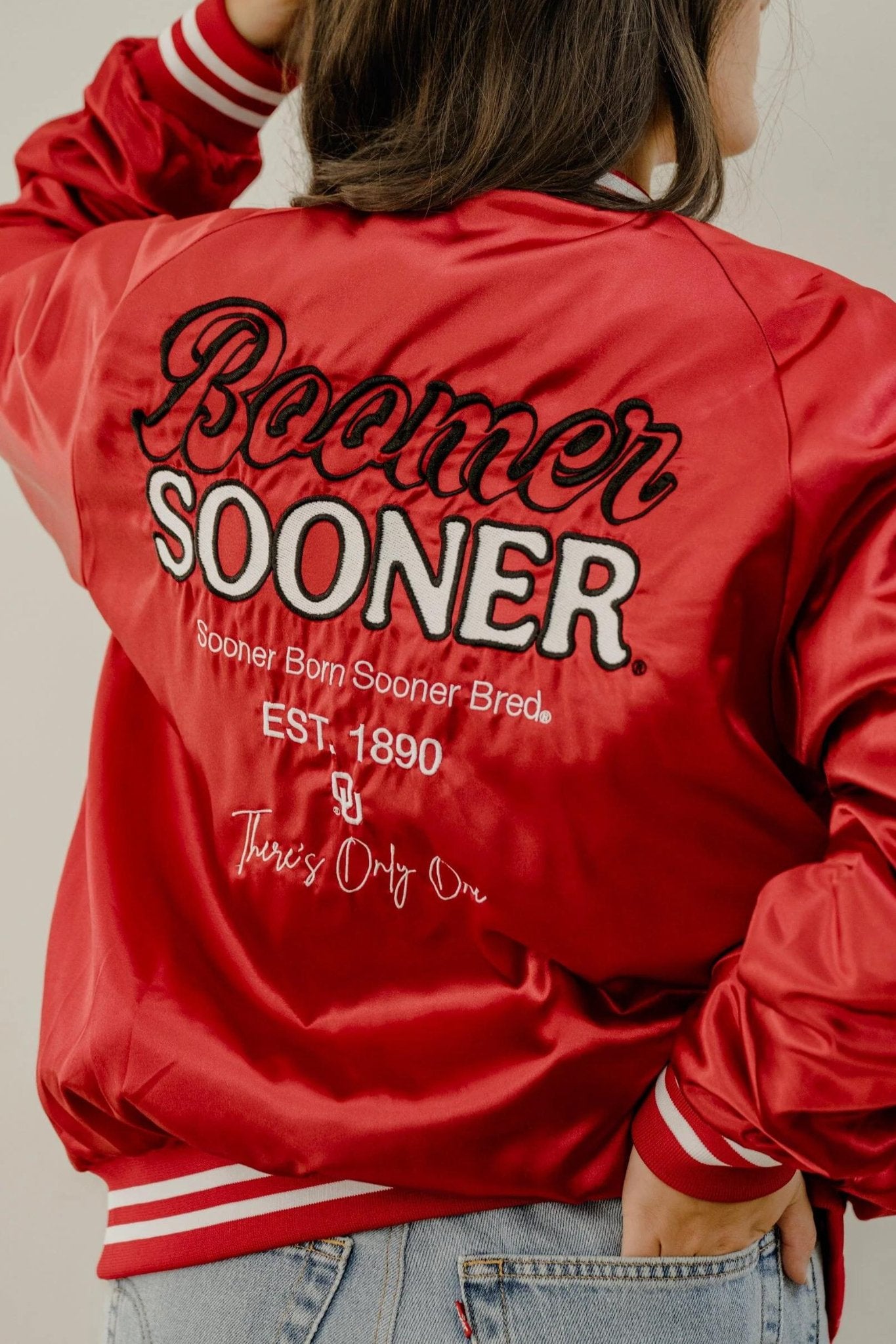 Livy Lu: OU Sooners Embroidered Satin Jacket - J. Cole ShoesLIVY LULivy Lu: OU Sooners Embroidered Satin Jacket