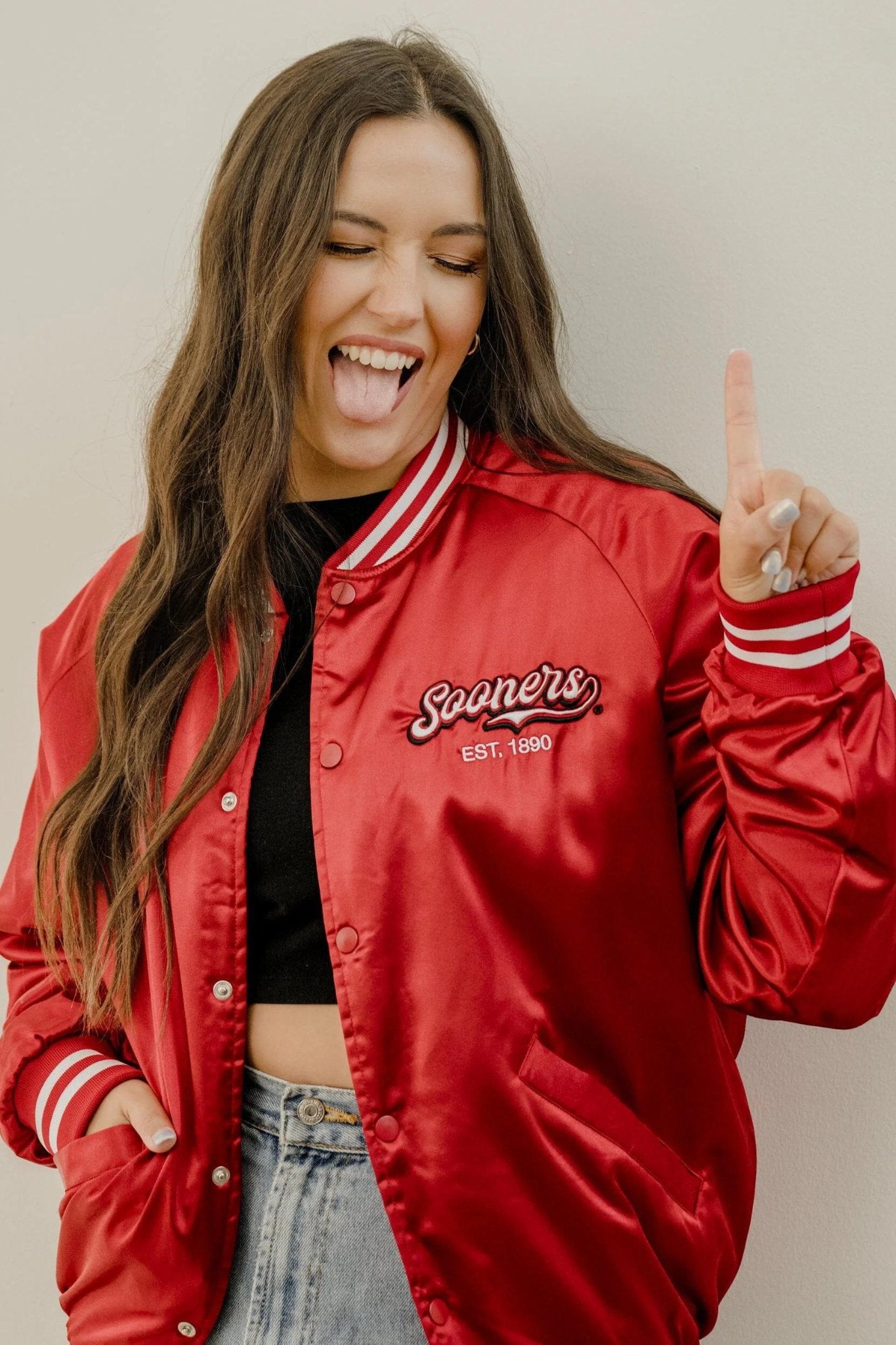 Livy Lu: OU Sooners Embroidered Satin Jacket - J. Cole ShoesLIVY LULivy Lu: OU Sooners Embroidered Satin Jacket