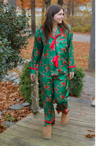 Satin Ruffle Pajama Set in Green & Red - J. Cole ShoesPeach LoveSatin Ruffle Pajama Set in Green & Red