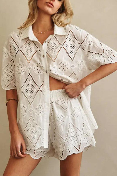 Short Sleeve Collared Lace Button Down - J. Cole ShoesMello.Short Sleeve Collared Lace Button Down