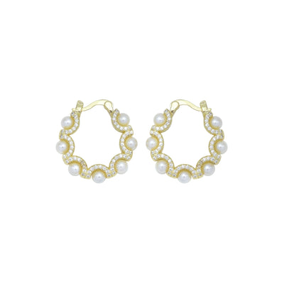 Wave Line Pearl Hoop Earrings in CZ & Gold - J. Cole ShoesAMOJEWELSWave Line Pearl Hoop Earrings in CZ & Gold