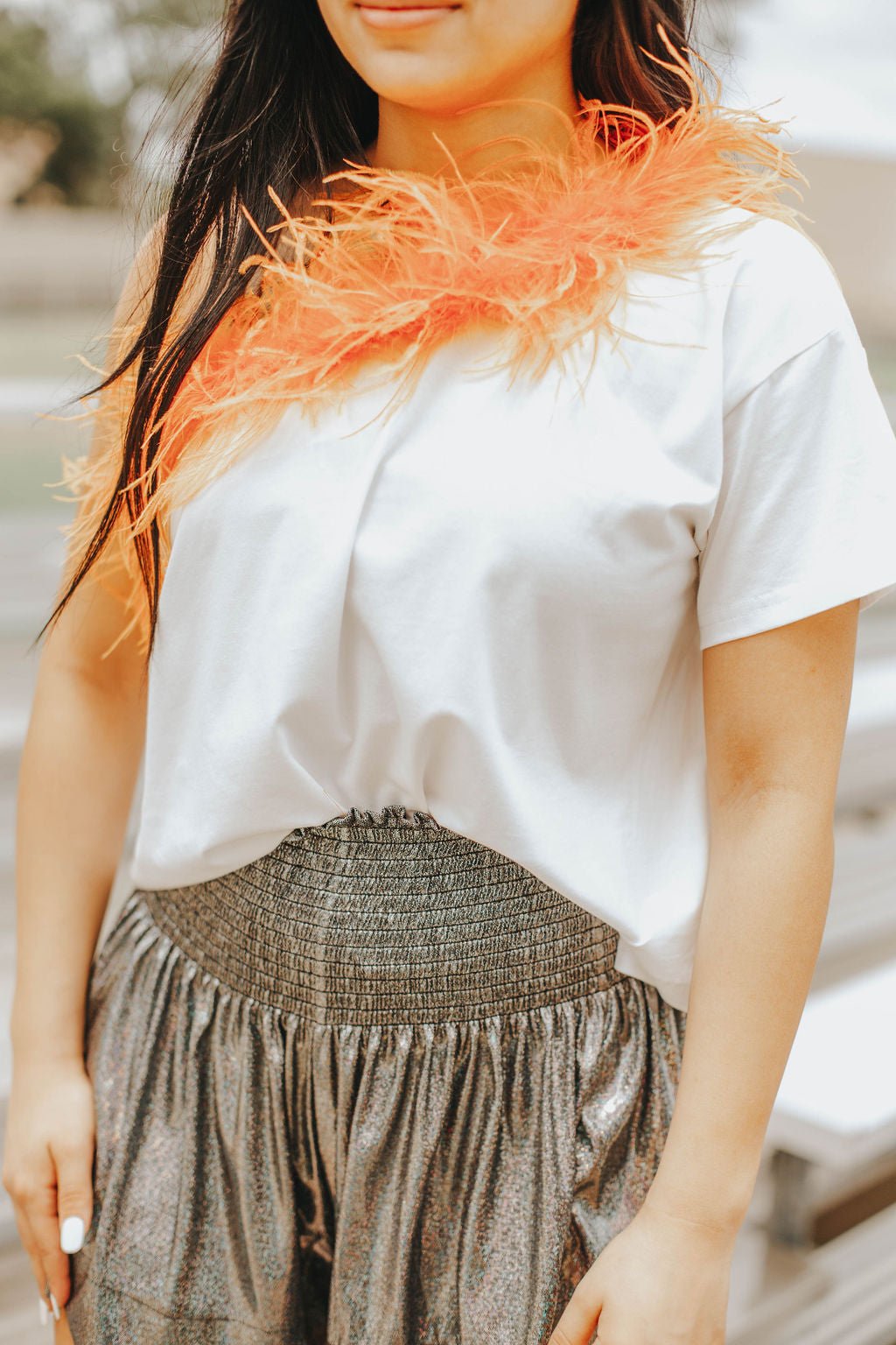 Queen Of Sparkles: One Shoulder Feather Tee in White & Orange - J. Cole ShoesQueen Of SparklesQueen of Sparkles Tulsa