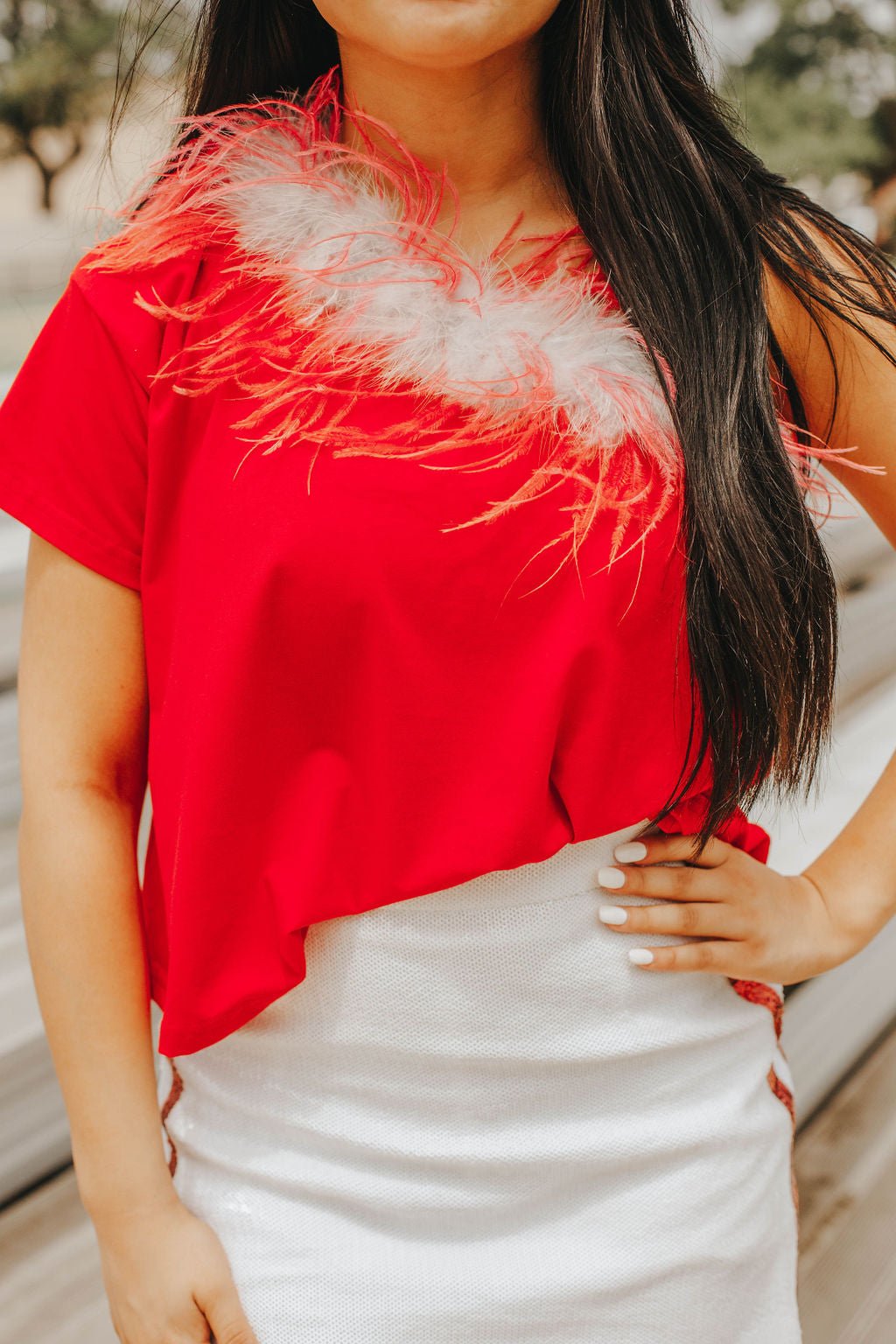 Queen Of Sparkles: One Shoulder Feather Tee Red & White - J. Cole ShoesQueen Of SparklesQueen of Sparkles Tulsa